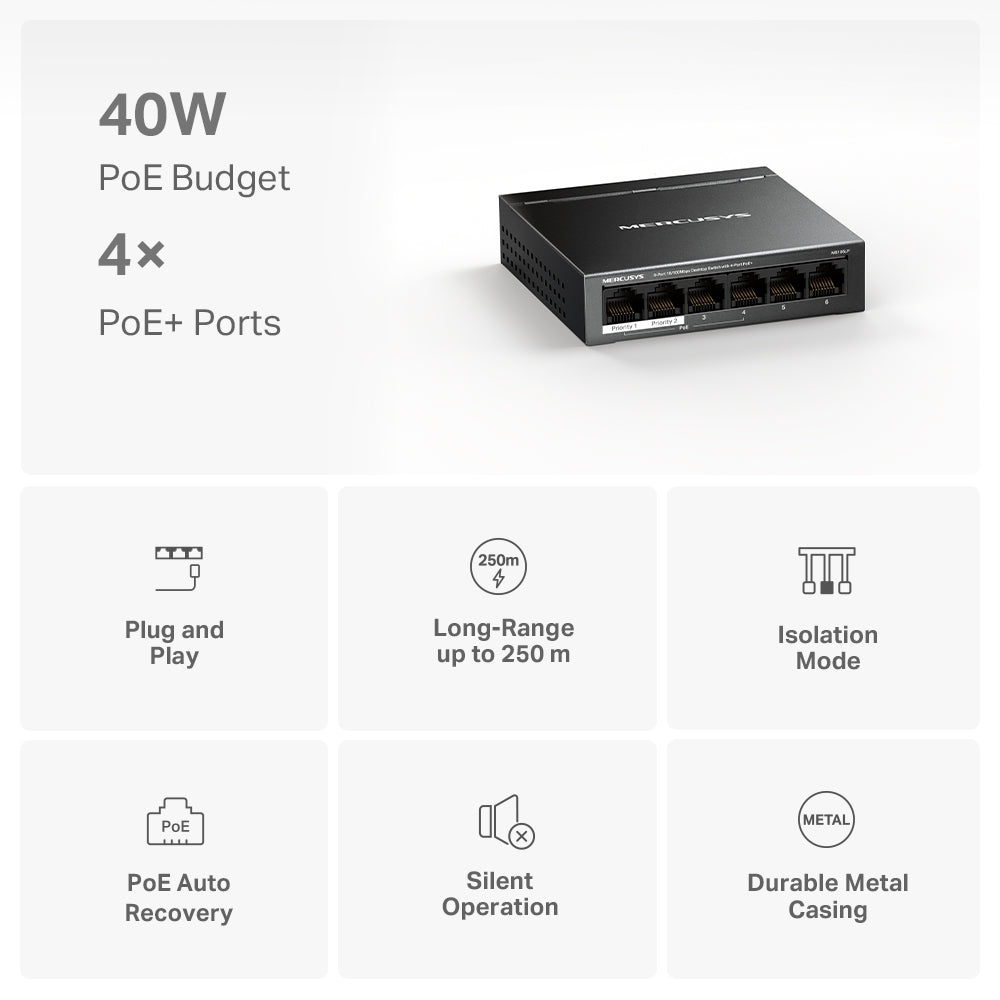 Mercusys MS106LP 6-Port 10/100Mbps Desktop Switch with 4-Port PoE+ Mercusys MS106LP 6-Port 10/100Mbps Desktop Switch with 4-Port PoE+